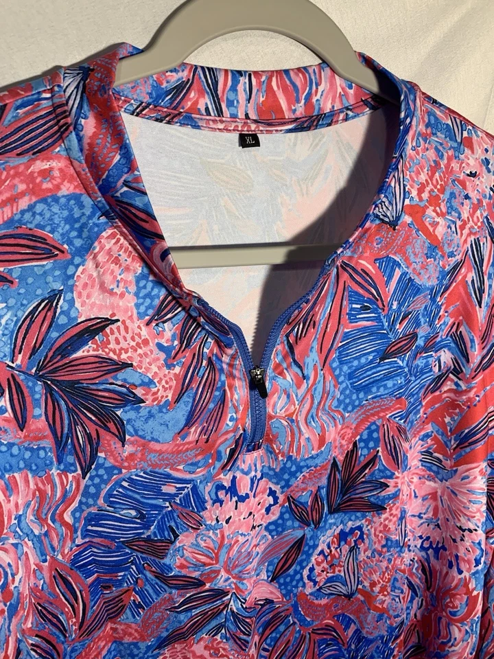 Jersey Performance Wear Cuarto Cremallera Manga Larga XL Golf Tenis Rosa/Azul Foto 2 de 4