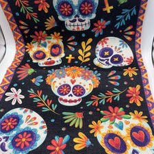 Halloween Day Of The Dead Sugar Skulls Table Runner 70x12.5  Black Colorful