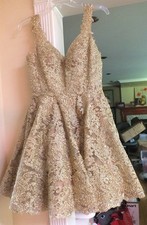 Sherri Hill 51521 Gold Beaded Rhinestone Lace Cocktail/Prom Dress Size 4 NWOT