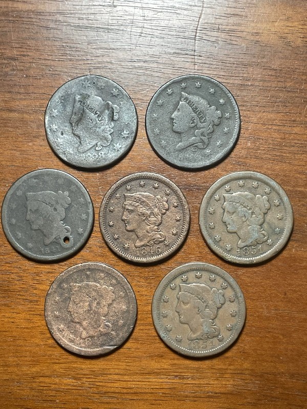 Lot Of Seven Large Cents. 1828, 1841, 1846, 1851, 1854 & (2) Unknown Dates.