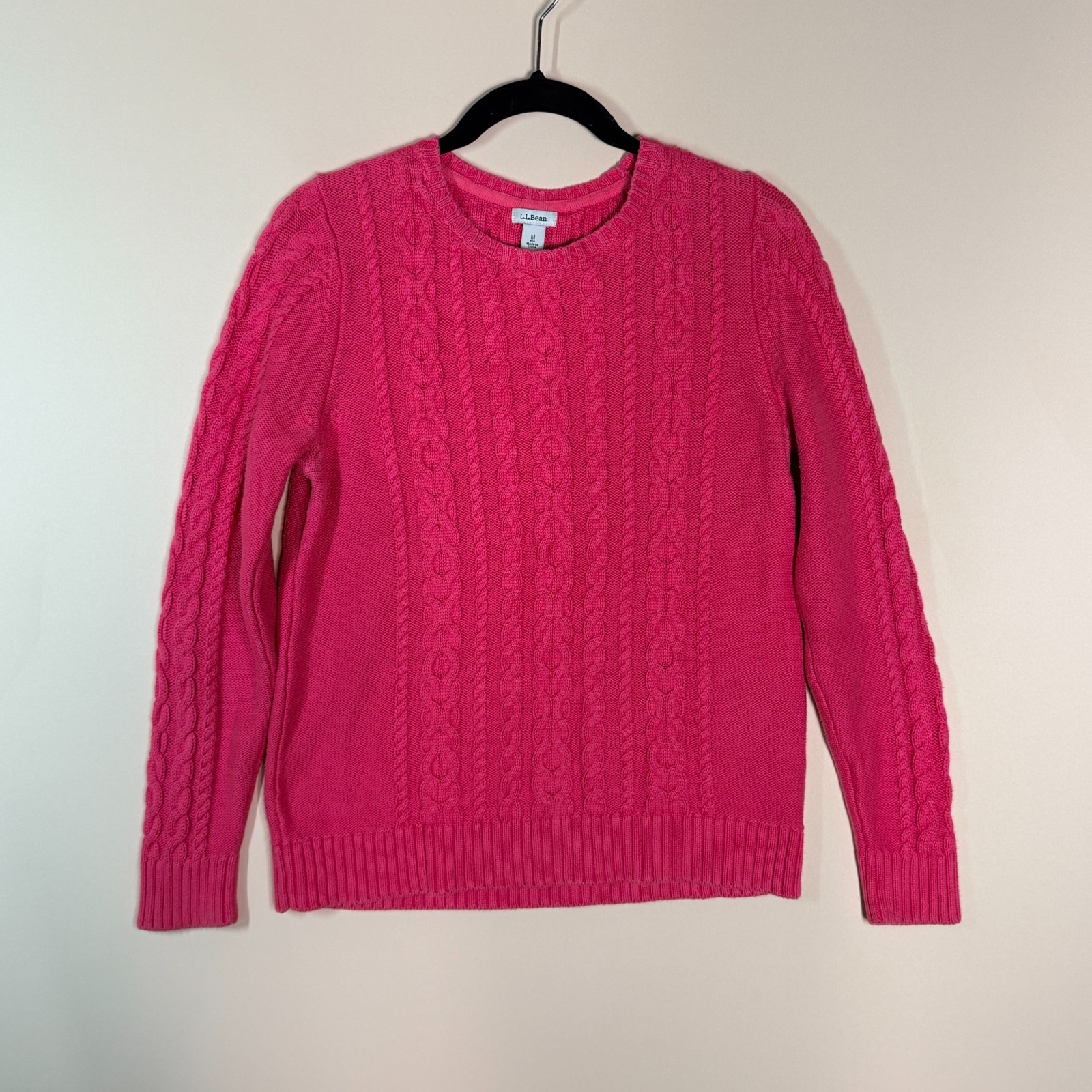 LL Bean Chunky Knit Cotton Fisherman's Sweater Pink Red Women's Medium M