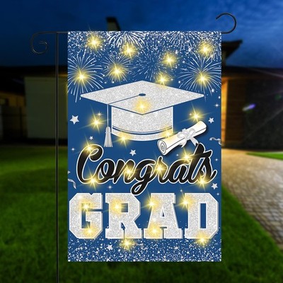 Graduation Garden Flag with LED Light, Blue Silver Graduation Decorations Yard F