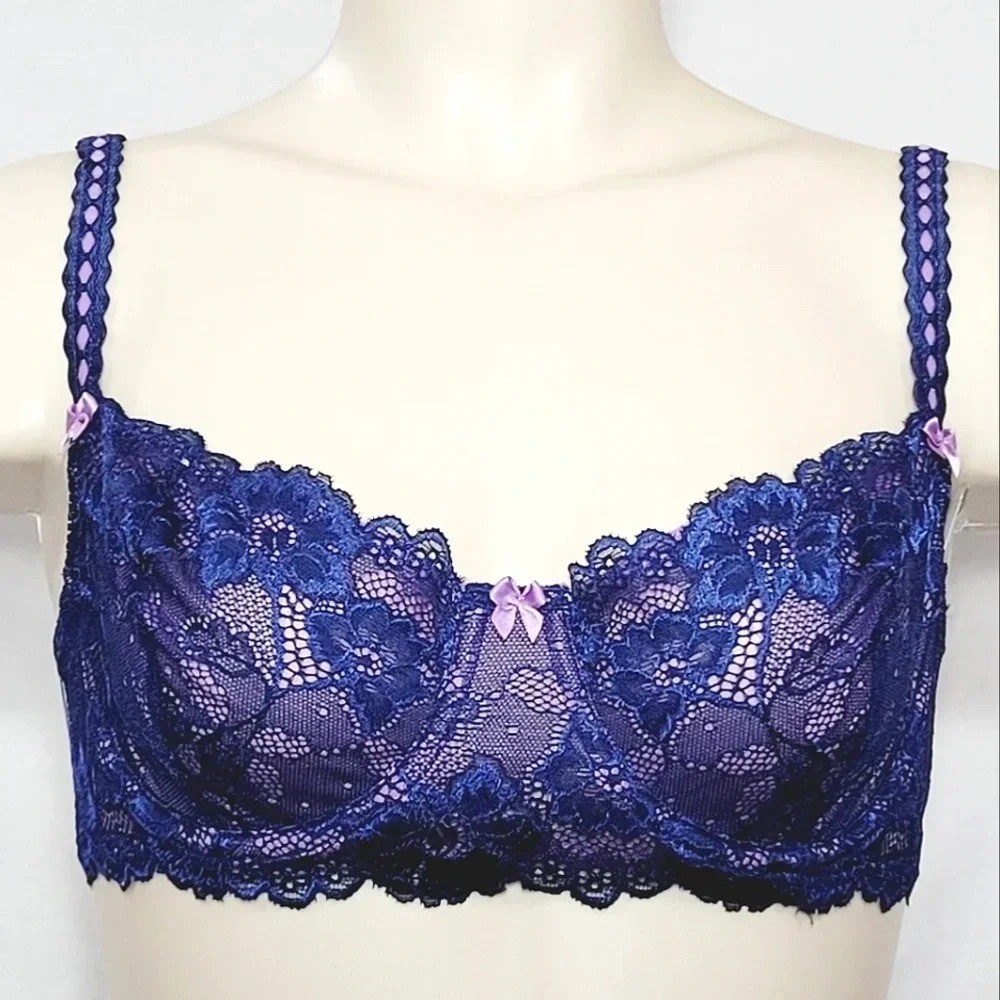 34D Felina 5894 Harlow Sheer Lace Full Bust Bra Navy NWT
