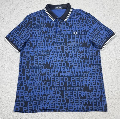 Fred Perry Polo Shirt Mens XL Blue All Over Logo Print Cotton Pique Casual M6611