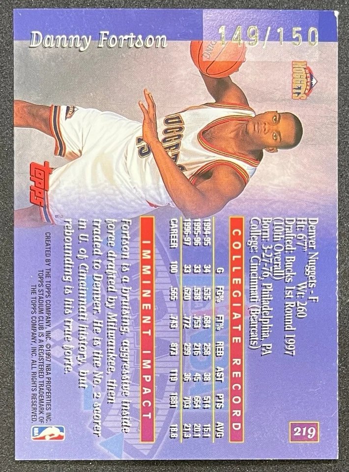 1997-98 Topps Stadium Club Danny Fortson #219 único en su clase/150 radiocontrol Foto 2 de 2