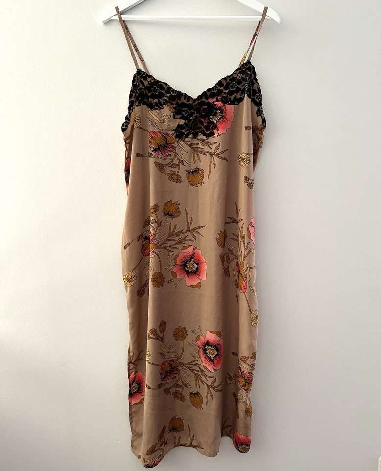 Vestido sin Mangas Y2K Sello Húmedo Para Mujer XL Marrón Floral Encaje Correas de Espagueti Hada Foto 2 de 4