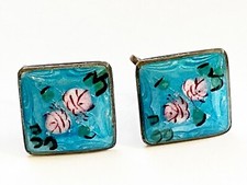 VINTAGE STERLING GUILLOCHE ENAMEL PINK ROSE FLOWER EARRINGS SCREW BACKS