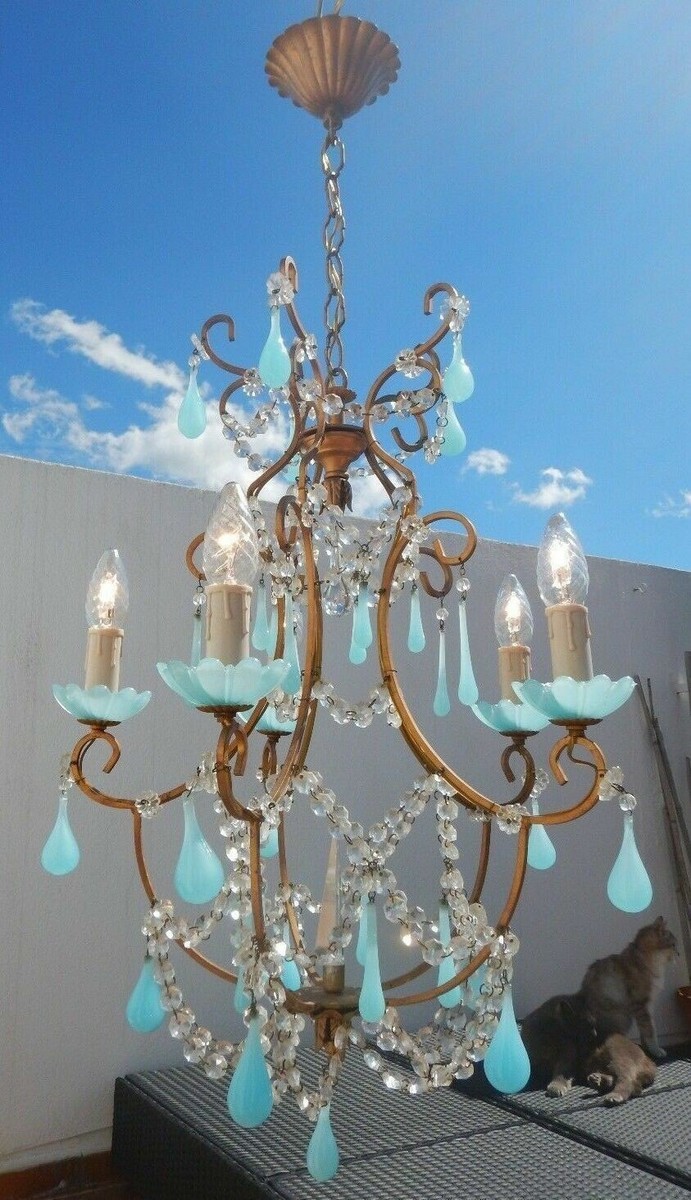 Lot De 300 Perles Vintage En Verre Bleu Turquoise - Forme Bizarre, Pampille Lustre, Occasion