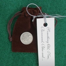 Lucky Sixpence Brown Velvet Bag Tag Queen Elizabeth II Coin Unique Wedding Gift