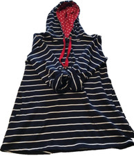 Susan Graver Womens Henley Hoodie Blue White Stripe Roll Tab Sleeve Pocket XS