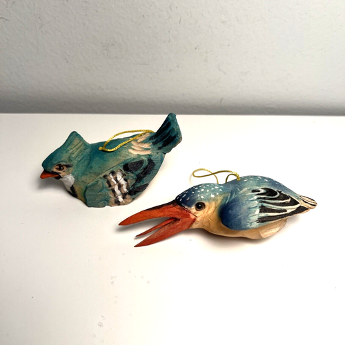 Christmas Tree Ornament Carved Wood Wooden Bird Lot Blue Jay Polka Dot
