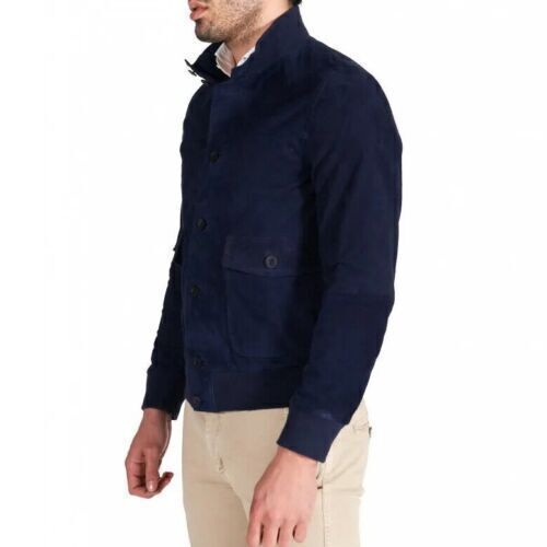 Chaqueta de cuero de gamuza azul marino para hombre bombardero todas las tallas S M L XL XXL 3XL 4XL 5XL - Imagen 2 de 6