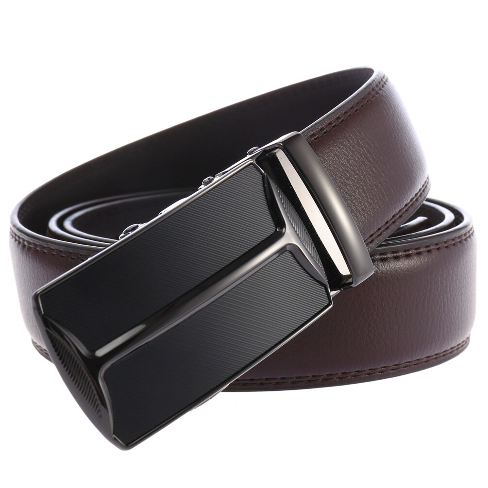 Barry.Wang Men's Ratchet Belt - Genuine Leather, Automatic Buckle, No Holes, Adjustable (Fits Waist 29"-36"), Black & Gold