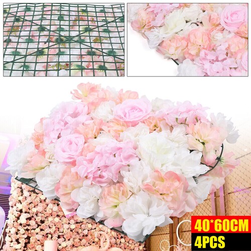 Panel de pared de flores de seda artificial rosa 4 piezas decoración de lugar de boda fiesta telón de fondo - Imagen 3 de 12