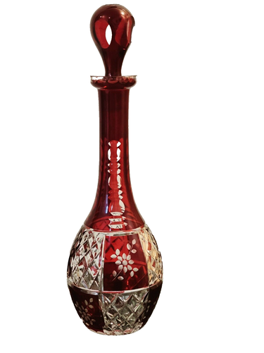 Vintage Bohemian Czech Ruby Red Cut To Clear Crystal Glass Decanter Floral Bloom - Picture 2 of 24
