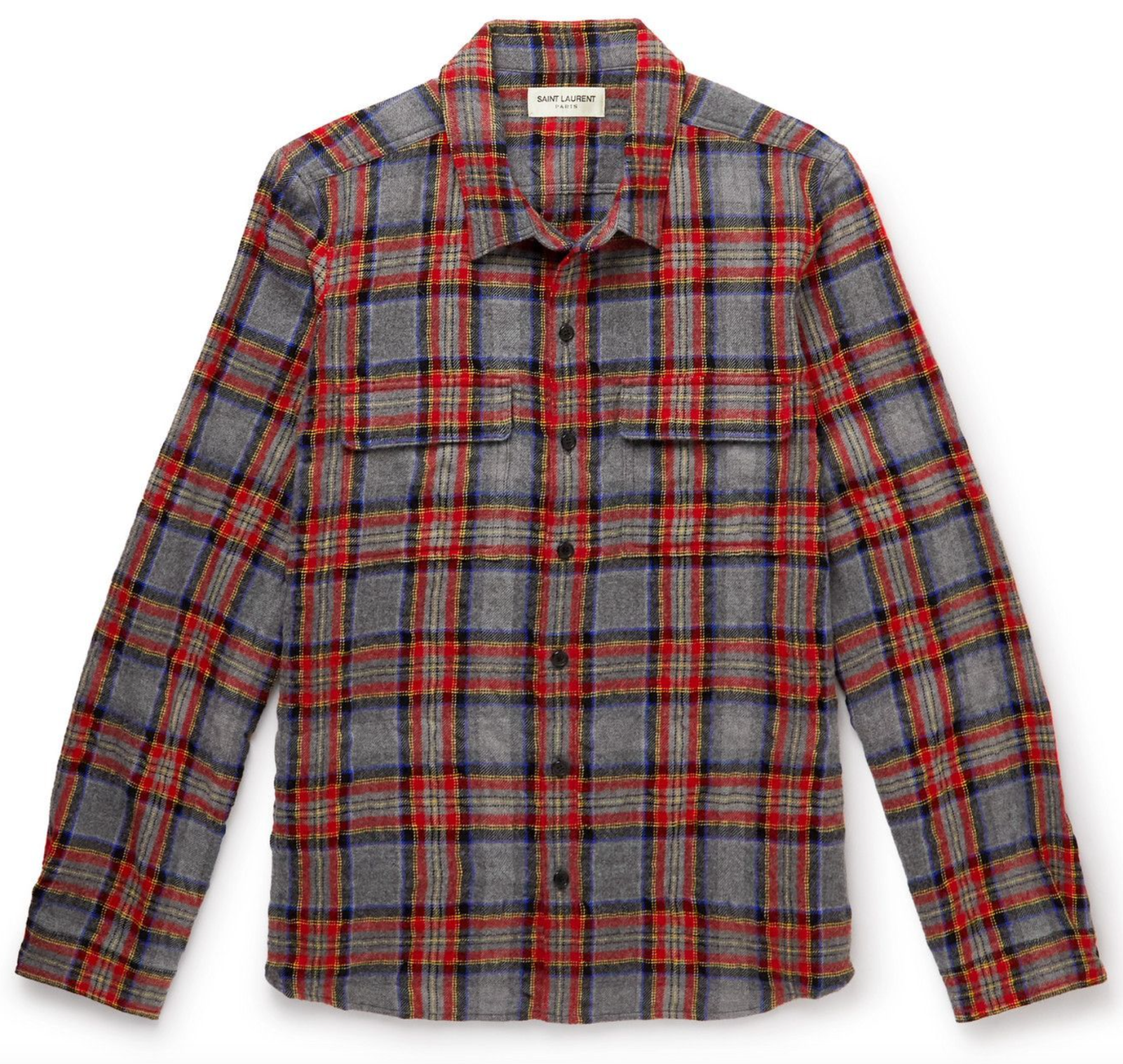 Nuova camicia di flanella Saint Laurent YSL grigia stampa a scacchi rossa taglia M $1125