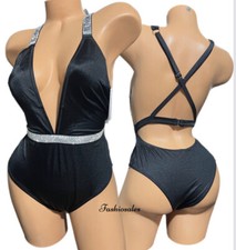 Victorias Secret  Swim Bling Shine Strap Plunge One-Piece Swimsuit Black New