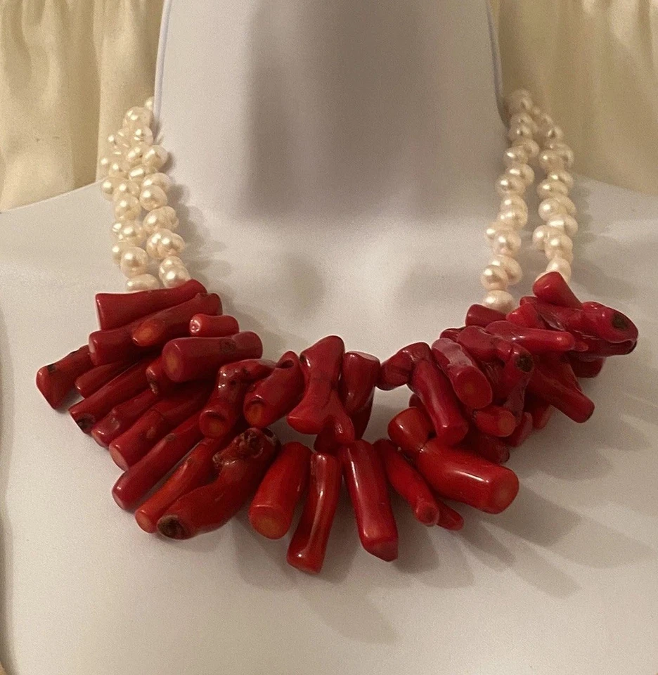 Collar Distintivo Plata Doble Hilo Coral Rama Roja Grande Perla Barroca Foto 2 de 4