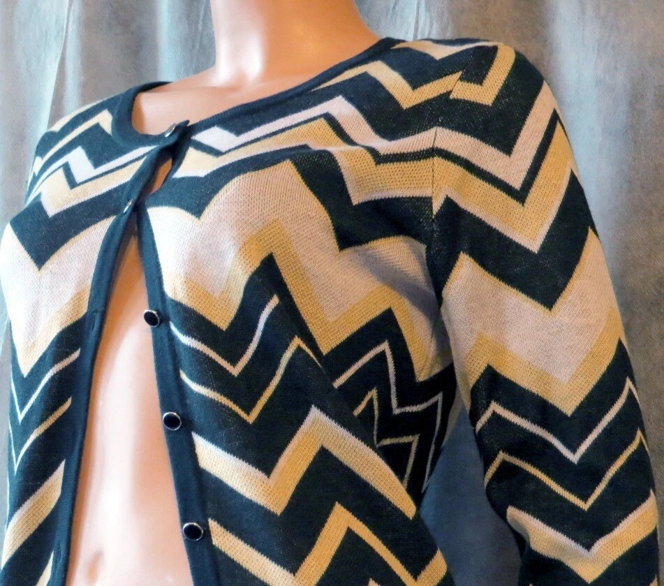 Cárdigan Suéter 7th AVE DESIGN STUDIO New York Co Negro Amarillo Zigzag CHEVRON M Foto 3 de 3