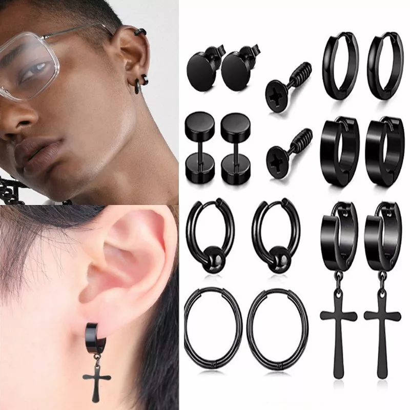 Fashion Men Black Stainless Steel Earrings Stud Piercing Hoop
