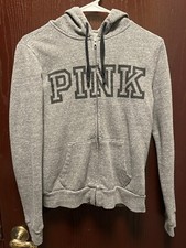 Pink Victorias Secret Jacket Hoodie unisex XS Full Zip Graphic Heathered Gray