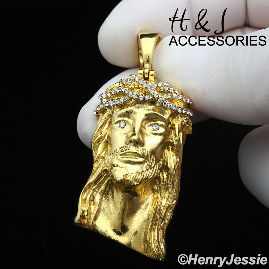 MEN's Stainless Steel ICY Bling CZ Gold Plated 3D JESUS Head