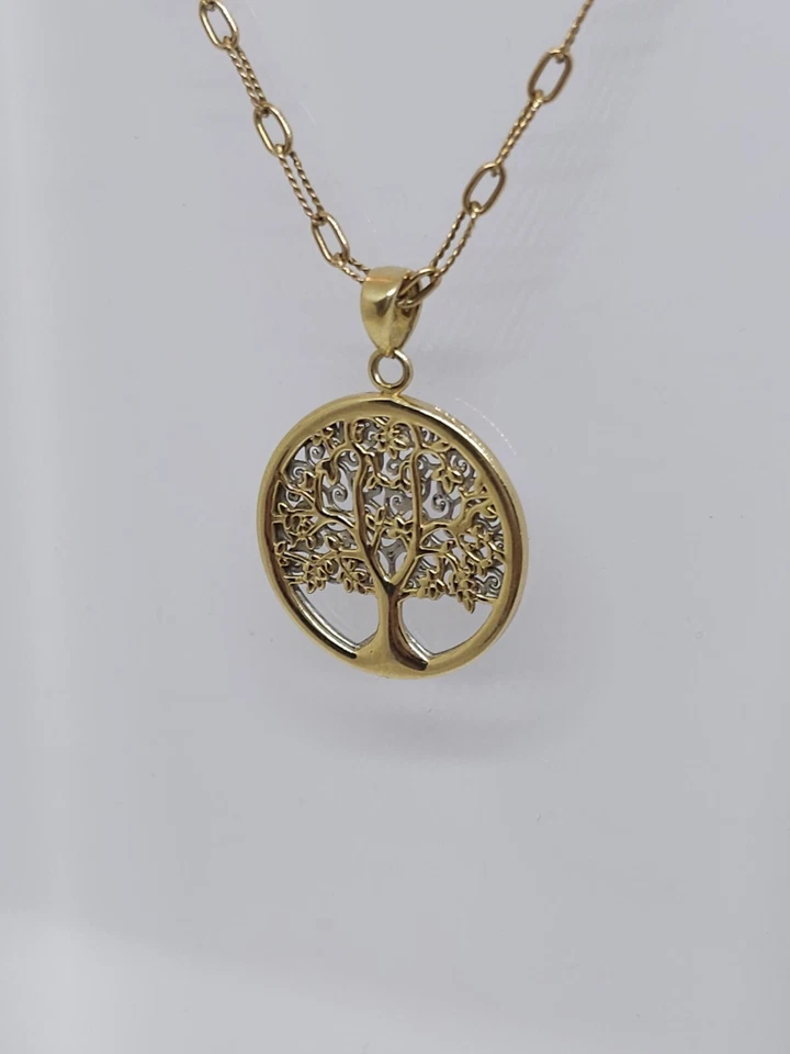 Colgante Árbol de la Vida Oro 14k Reversible con Cadena de Eslabones Ovalados de 16" 4,2 Gramos Foto 2 de 4