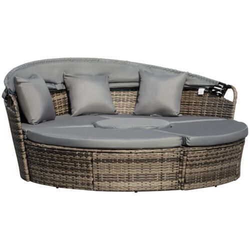Outsunny 5 PCs Cushioned Outdoor Plastic Rattan Round Sofa Bed Table Set Grey