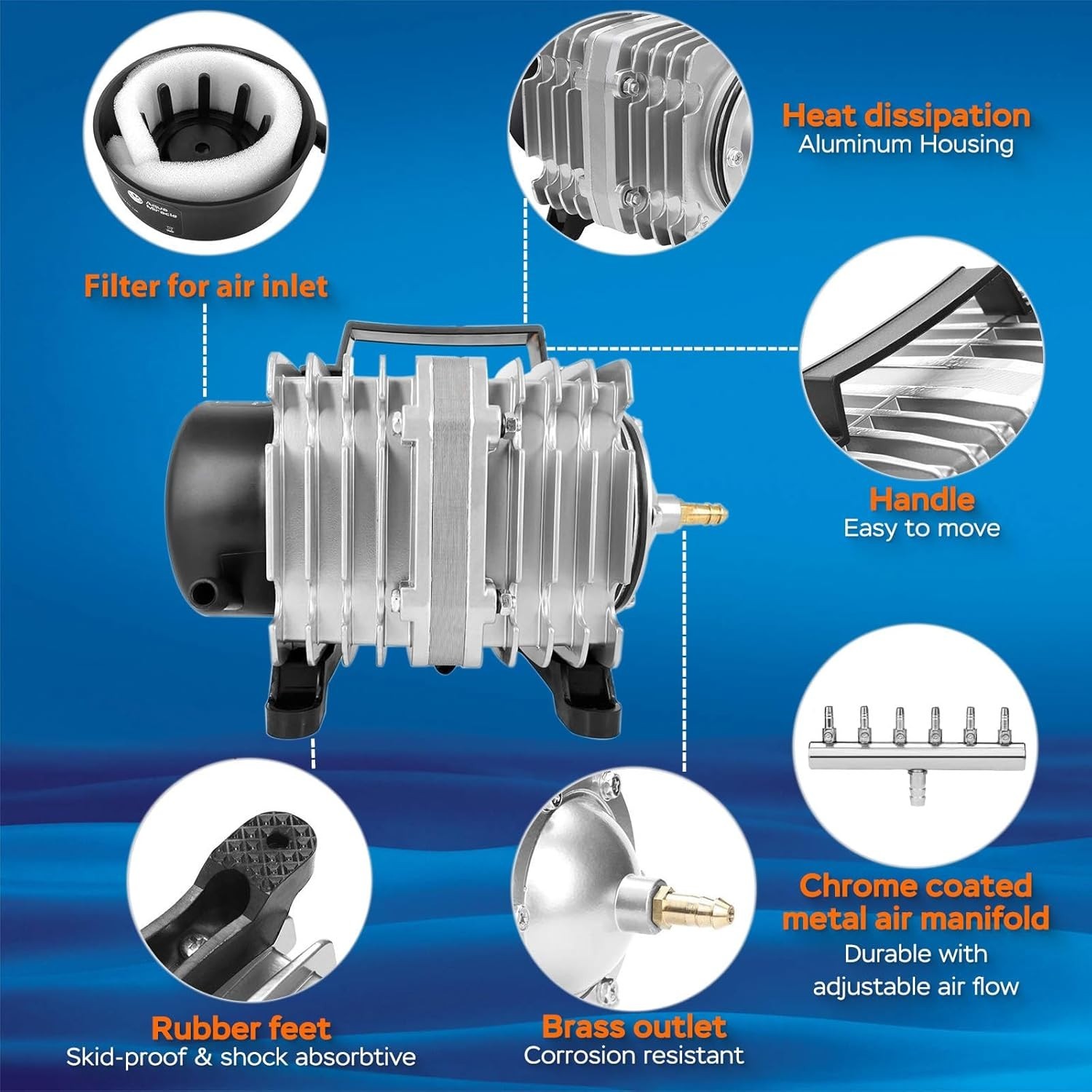 Multi-Functional Pond Aerator - High Output 1750GPH Air Pump, Aluminum Design