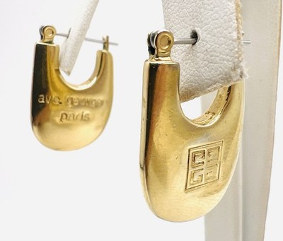 Vintage Signed 1970s Givenchy 4G Gold Tone Ave George Paris Logo Hoop Earrings