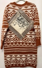 Handmade Southwestern Aztec Long Cardigan Cowhide Patch Sweater Duster Boho M