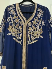 Moroccan Kaftan Takchita Luxury Wedding Blue Gown, gold embroidery & rhinestones