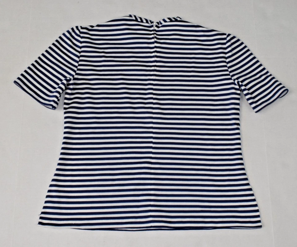 Vintage Shirt Size S/M 60s Navy Blue White Stripe Poly Pleated Sleeve Back Zip - Image 2 of 4