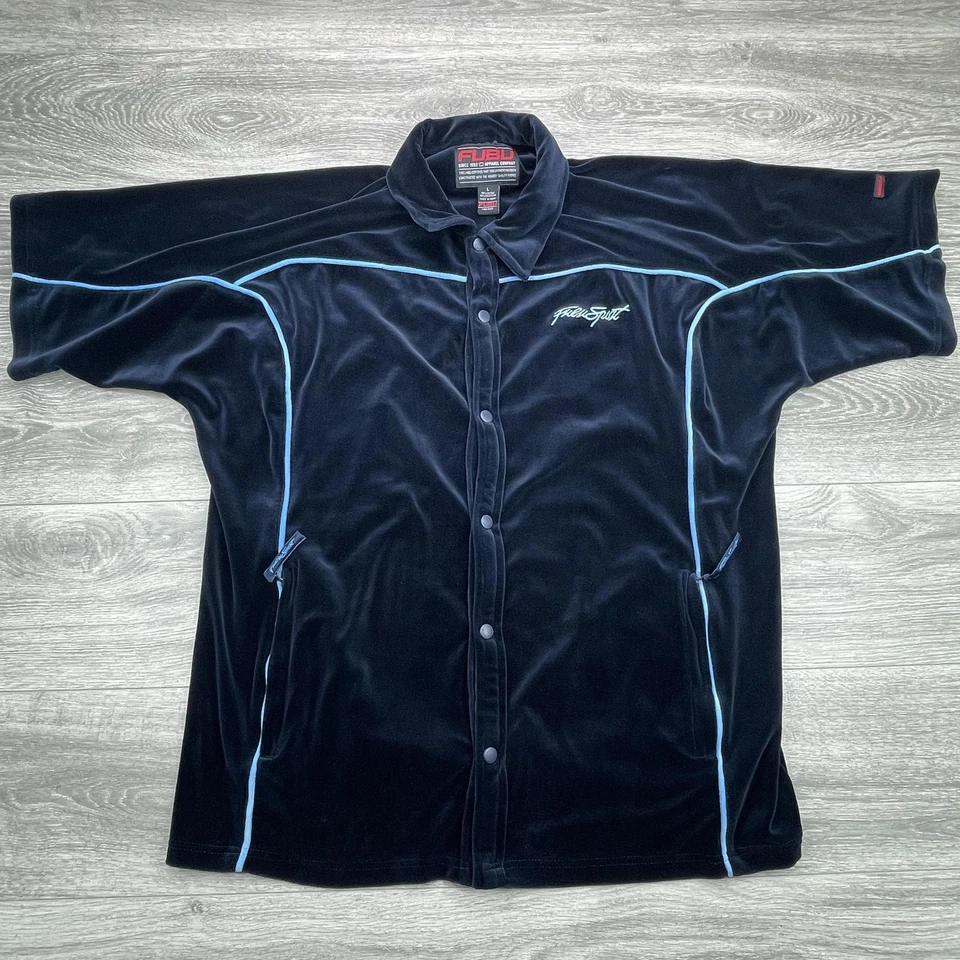 Camisa Deportiva FUBU Para Hombres Grande Azul Marino Terciopelo Frente a Presión Hip Hop Y2K De Colección Rap Foto 2 de 4