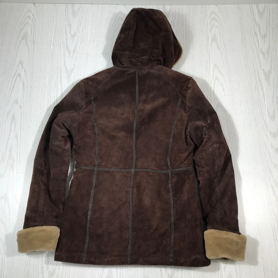 Wilsons Suede Leather Coat Jacket M Brown Hooded Shearling Sherpa Lined Zip Up - Image 2 of 4