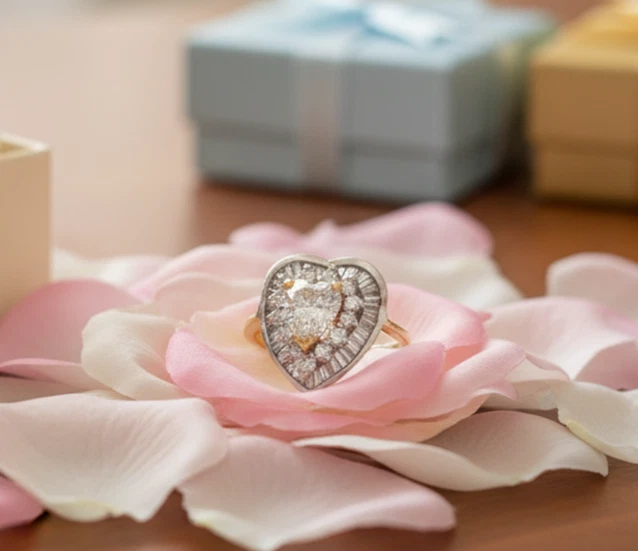 Anillo de diamantes con corazón vintage Art Deco de oro macizo de 18 quilates/14 quilates, 1,55 CTW Foto 4 de 4