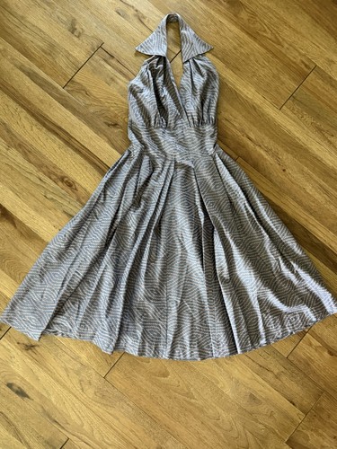 VTG 40s DEEDS JUNIOR HALTER DRESS COTTON SLATE BLUE PINK FULL SKIRT XS/S