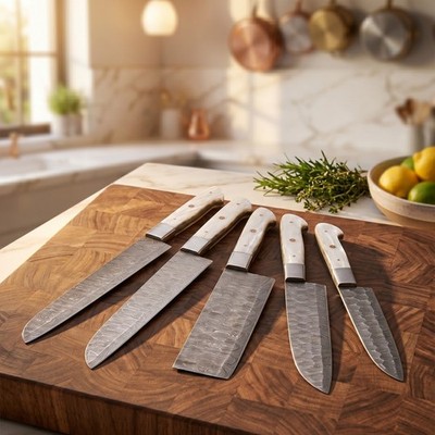 Damascus Chef Knife Set 5 Pc Handmade Santoku Nakiri Pearl Handle Leather Roll