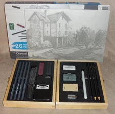 NEW Crelando Charcoal Art Drawing And Sketching Set With Wooden Box 26 Piece Set