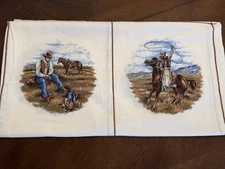 Vintage Western Cowboy Roper Pony Horse Cotton Fabric Panel for Pillow Quilt