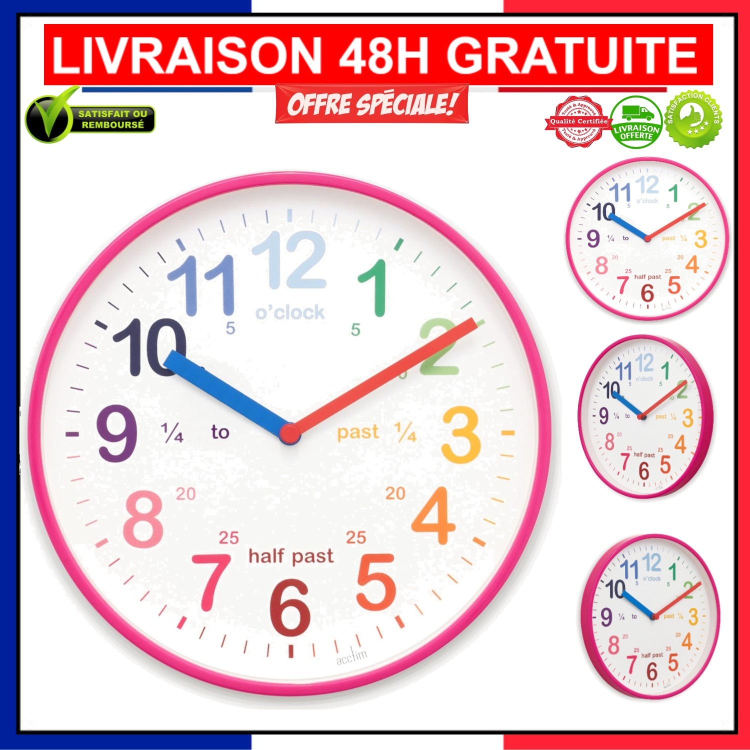 Horloge Murale Pédagogique Rose 20 cm Acctim pour Enfant