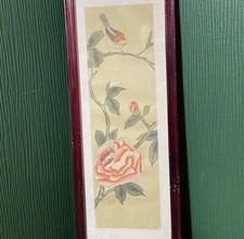 Vintage Chinese Silk Hand-Painted Bird & Floral "Kach-ga" Red Seal 14x40cm
