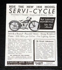 1937 OLD MAGAZINE PRINT AD, THE NEW 1938 SERVI-CYCLE, A LIGHTWEIGHT MOTORCYCLE!