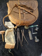 Antique leather shooting bag or Shot Pouch w/ accessories black powder Hand Tool