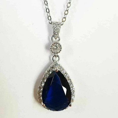 2.30Ct Pear Cut Lab Created Sapphire Halo Pendant 14K White Gold Plated Silver