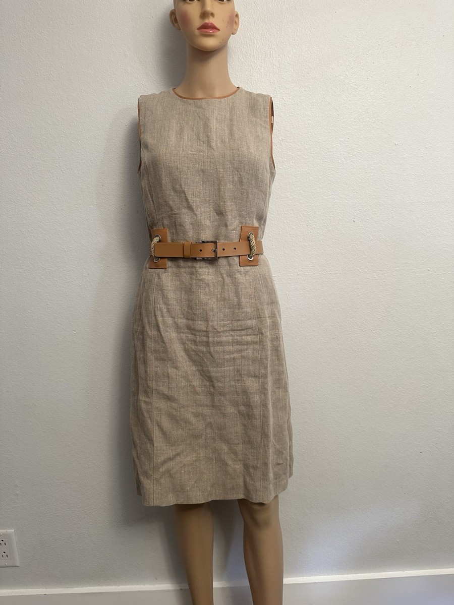 michael kors linen dress MICHAEL KORS 100% Linen Leather Belt & Trim Sleeveless Dress Sz 6 Made In  Italy