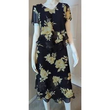 STUDIO I PETITE Two Piece Blouse Skirt Set Yellow Black and Cream Women size 10P