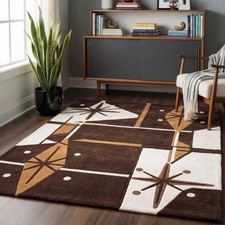 Mid Century Modern Starburst Brown Area Rug, Atomic Teal Hand Tufted Wool Carpet