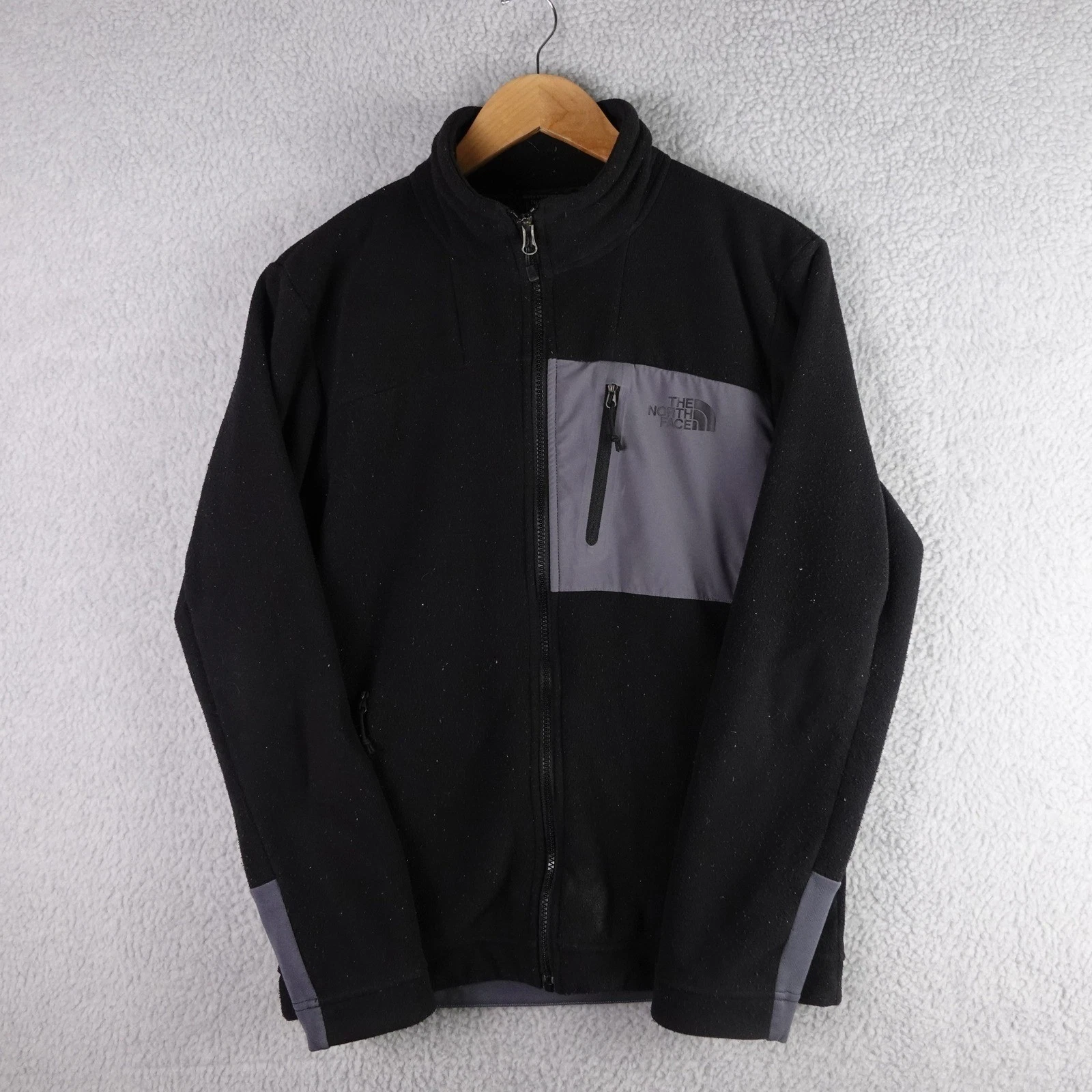 The North Face Mens Full Zip Fleece Jacket Black Grey S/P Mock Neck Hiking