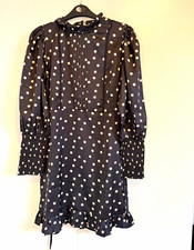 River Island Women Black Beige Polka Dot High Neck Puff Sleeve Short Dress 10